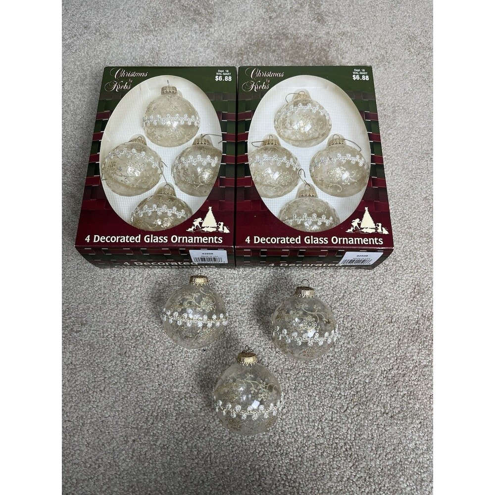 11 Pcs VTG Christmas by Krebs Clear Glass Bulb Ornaments Gold Glitter Lace USA